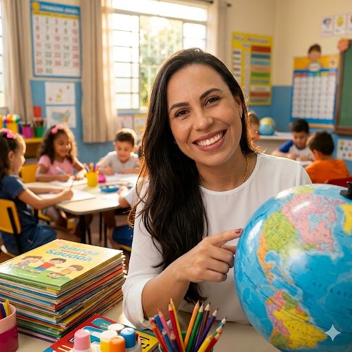 Professora acompanhando aluno do ensino fundamental